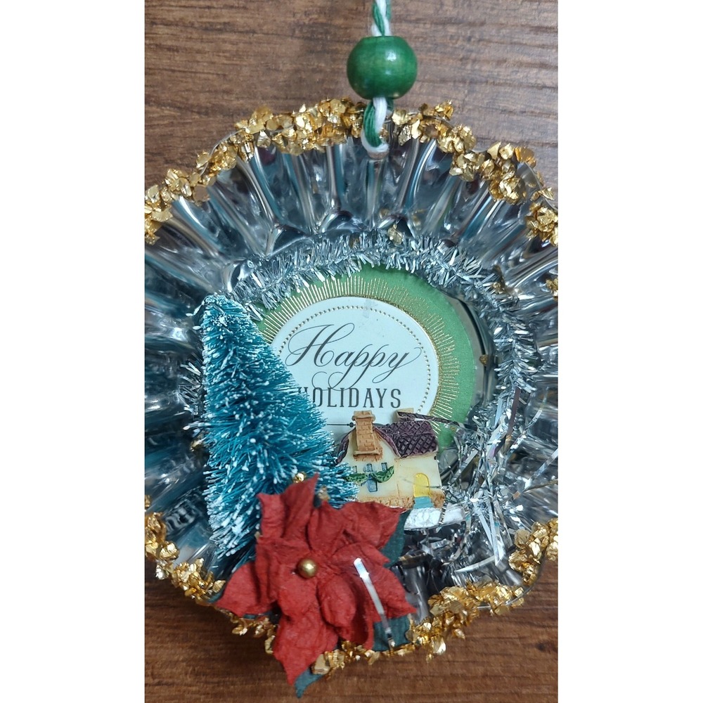 Handmade Tart Tin Vintage House Diorama Ornament Tree Glitter Poinsettia O1